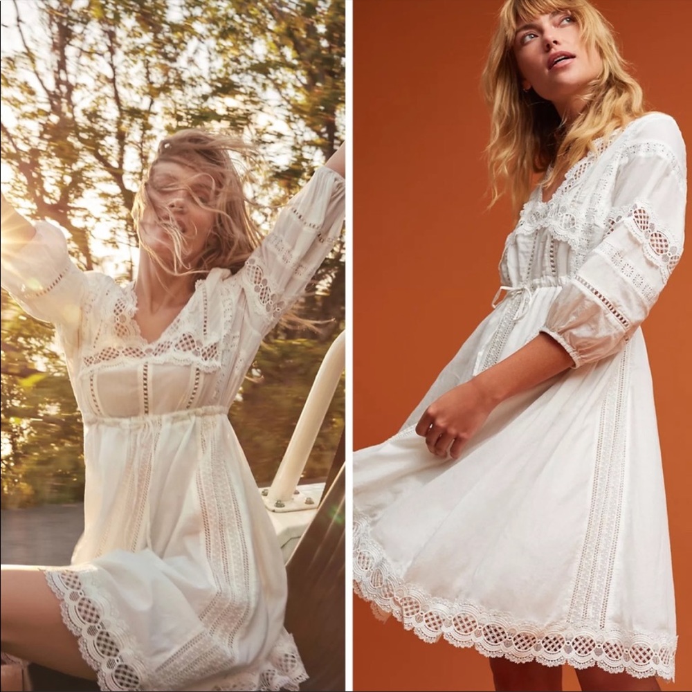 Eri + Ali Anthropologie Gustavia Lace Midi Prairie Dress Medium White Boho